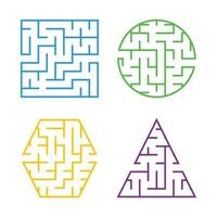 A set of colored labyrinths for children. A square, a circle, a hexagon, a triangle. Simple flat vector illustration isolated on white background.