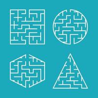 A set of labyrinths for children. A square, a circle, a hexagon, a triangle. A simple flat vector illustration isolated on a blue background.