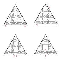 Triangular labyrinth. A set of four options. Simple flat vector illustration isolated on white background.