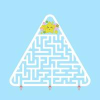 Triangular white labyrinth. Find the right entrance to the labyrinth. A simple flat vector illustration isolated on a blue background. With a cartoon cute character