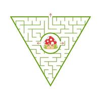 Triangular green labyrinth. Find the right way out of the maze. Simple flat vector illustration isolated on white background. With a cartoon cute character.