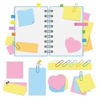 An open organizer with clean sheets on a spiral and with bookmarks. A set of stickers and paper for notes. Colorful flat vector illustration isolated on white background. With space for text or image.