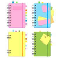 Closed notepad on a spiral with bookmarks and paper for notes between pages. A set of four options. Colorful flat vector illustration isolated on white background.