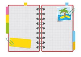 Open notepad with clean sheets on a spiral with bookmarks between the pages. With a photo of the beach. Colorful flat vector illustration isolated on white background. With space for text or image.