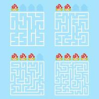 A square labyrinth with an entrance and an exit. A set of four options from simple to complex. With a rating of cute cartoon mushrooms. Vector illustration isolated on a blue background.