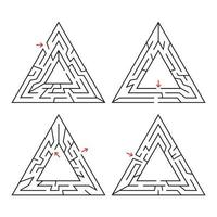 Triangular labyrinth with an input and an exit. A set of four mazes. Simple flat vector illustration isolated on white background. With a place for your drawings