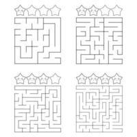 A square labyrinth with an entrance and an exit. A set of four options from simple to complex. With a rating of cute cartoon stars. Vector illustration isolated on white background.