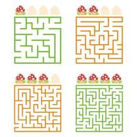 A square labyrinth with an entrance and an exit. A set of four options from simple to complex. With a rating of cute cartoon mushrooms. Vector illustration isolated on white background.