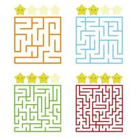 A square labyrinth with an entrance and an exit. A set of four options from simple to complex. With a rating of cute cartoon stars. Vector illustration isolated on white background.