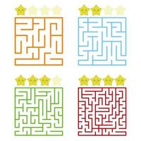 A square labyrinth with an entrance and an exit. A set of four options from simple to complex. With a rating of cute cartoon stars. Vector illustration isolated on white background.