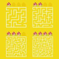 A square labyrinth with an entrance and an exit. A set of four options from simple to complex. With a rating of cute cartoon mushrooms. Vector illustration isolated on a yellow background.