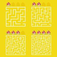 A square labyrinth with an entrance and an exit. A set of four options from simple to complex. With a rating of cute cartoon mushrooms. Vector illustration isolated on a yellow background.