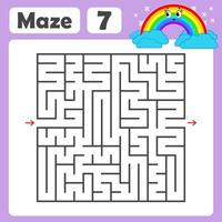 A square labyrinth. Developmental game for children. Colored Vector Flat Isolated Illustration. With a cute rainbow cartoon.