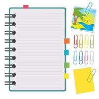 An open notebook with clean sheets on a spiral and with bookmarks. A set of paper clips and paper for notes. Flat vector illustration isolated on white background. With space for text or image.