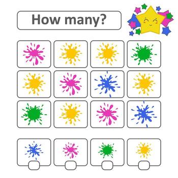 Counting game for preschool children. Count as many spots on the picture and write down the result. With a place for answers. Simple flat isolated vector illustration.