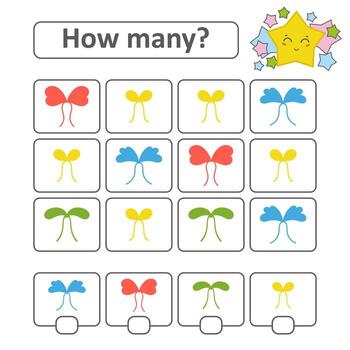 Counting game for preschool children. Count how many bows in the picture and write down the result. With a place for answers. Simple flat isolated vector illustration.