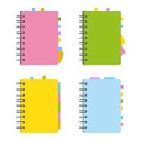 Closed notebook, personal diary on a spiral with bookmarks and paper for notes. A set of four options with bright, attractive covers. Colorful flat vector illustration isolated on white background.