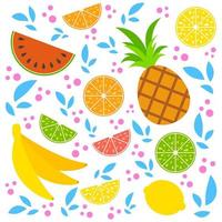 A set of colored insulated delicious fruits on a white background. Bright tropical food. Lime, lemon, grapefruit, orange, pineapple, banana, watermelon. Simple flat vector illustration.