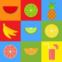 conjunto de deliciosas frutas de colores aislados. comida tropical brillante. limón, pomelo, naranja, piña, kiwi, plátano, sandía. cóctel con una pajita. Ilustración de vector plano simple.