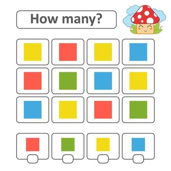 Counting game for preschool children. Count as many squares in the picture and write down the result. With a place for answers. Simple flat isolated vector illustration.