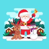 lindo santa con muñeco de nieve y ciervos vector