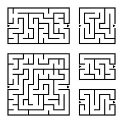 A set of square and rectangular labyrinths with entrance and exit. Simple flat vector illustration isolated on white background.