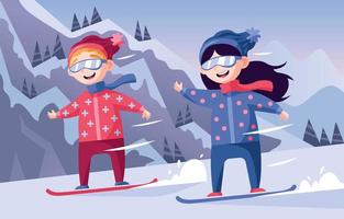 Children Snowboarding on the Mountain vector