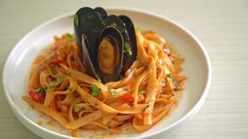 spaghetti pasta vongole white wine with mussels