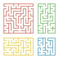 A set of colored square and rectangular labyrinths with entrance and exit. Simple flat vector illustration isolated on white background.