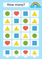 Counting game for preschool children. The study of mathematics. How many items in the picture. Circle, heart, square, triangle. With a place for answers. Simple flat isolated vector illustration.