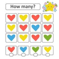 Counting game for preschool children. Count as many hearts in the picture and write down the result. With a place for answers. Simple flat isolated vector illustration.