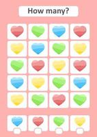 Counting game for preschool children. The study of mathematics. How many items in the picture. Color striped hearts. With a place for answers. Simple flat isolated vector illustration.