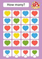 Counting game for preschool children. The study of mathematics. How many items in the picture. Color hearts. With a place for answers. Simple flat isolated vector illustration.