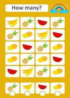 juego de conteo para niños en edad preescolar. el estudio de las matemáticas. cuántas frutas en la imagen plátano, piña, sandía, limón. con un lugar para las respuestas. Ilustración de vector aislado plano simple.