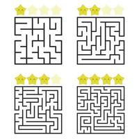 A square labyrinth with an entrance and an exit. A set of four options from simple to complex. With a rating of cute cartoon stars. Vector illustration isolated on white background.