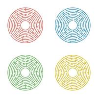 Abstract round maze. A set of four labyrinths. An educational game for children and adults. Simple flat vector illustration isolated on white background.