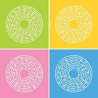 Abstract round maze. A set of four labyrinths. An educational game for children and adults. A simple flat vector illustration isolated on a colored background.