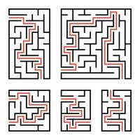 A set of square and rectangular labyrinths with entrance and exit. Simple flat vector illustration isolated on white background. With the answer.