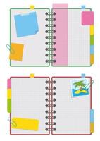 An open organizer with clean sheets on a spiral and with bookmarks between the pages. Colorful vector illustration isolated on white background. With space for text or image.