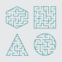 A set of labyrinths for children. A square, a circle, a hexagon, a triangle. A simple flat vector illustration isolated on a gray background.