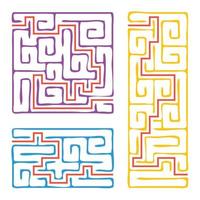 A set of colored square and rectangular labyrinths with entrance and exit. Simple flat vector illustration isolated on white background. With the answer.