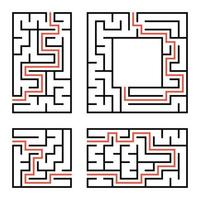 A set of square and rectangular labyrinths with entrance and exit. Simple flat vector illustration isolated on white background. With the answer.