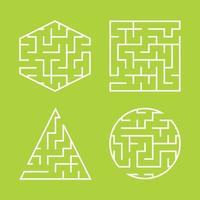 A set of labyrinths for children. A square, a circle, a hexagon, a triangle. A simple flat vector illustration isolated on a green background.