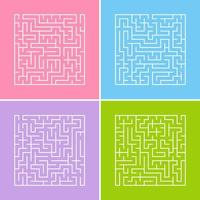 A square labyrinth with an entrance and an exit. A set of four options. A simple flat vector illustration isolated on a colored background.