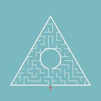 Triangular labyrinth with an input and an exit. Simple flat vector illustration isolated on a colored background