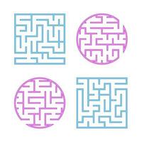 A set of colored labyrinths for children. A square, round maze. Simple flat vector illustration isolated on white background.