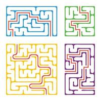 A set of colored square and rectangular labyrinths with entrance and exit. Simple flat vector illustration isolated on white background. With the answer.