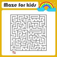 Black square maze with entrance and exit. With a cute cartoon of a rainbow. Simple flat vector illustration isolated on white background.