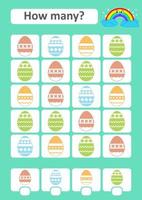 Counting game for preschool children. The study of mathematics. How many items in the picture. Colored Easter eggs. With a place for answers. Simple flat isolated vector illustration.