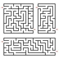 A set of square and rectangular labyrinths with entrance and exit. Simple flat vector illustration isolated on white background.